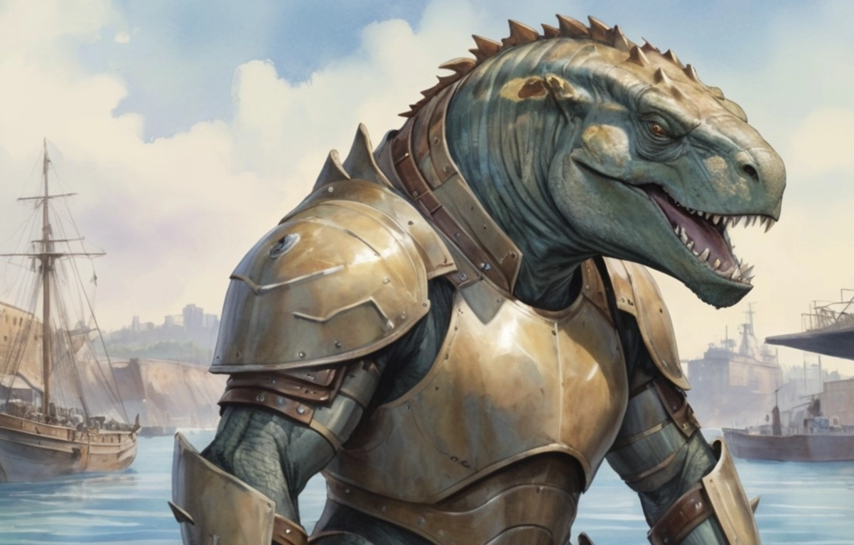 Lizardmen at a dock. Concept art. Maha-Uraga